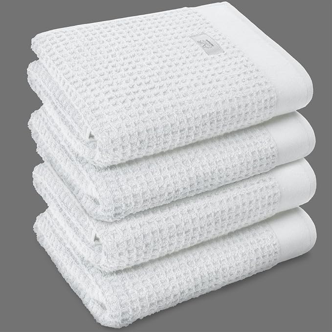 Softerry Waffle Bath Towel Set - 100% Soft Cotton - Plush and Extra Absorbent - Luxury Hotel & Spa Quality - Fade Resistant - Eco-Friendly (White, Set of 4 Bath)