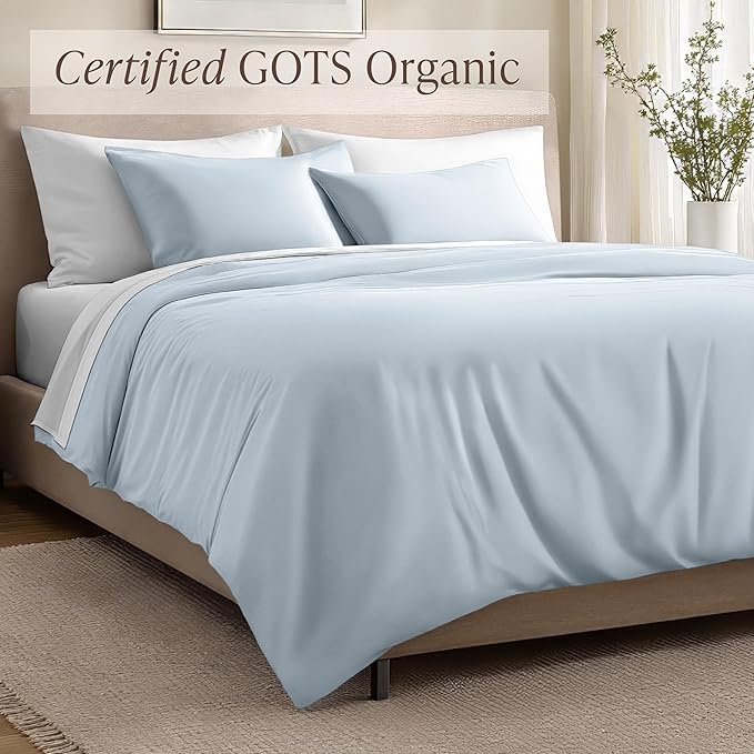 Bare Home 100% Organic Cotton Sateen Duvet Cover Set - Extra Long Size - 400 Thread Count - Smooth Sateen Weave - Warm & Luxurious - Duvet Cover (Twin/Twin XL, Winter Blue)
