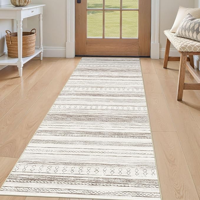 Tortania Area Rug 3x8 Runner Rugs - Washable Soft Neutral Boho Moroccan Farmhouse Rug Indoor Floor Carpet for Living Room Bedroom Kitchen Entryway Under Dining Table Home Office Decor - Cream Brown