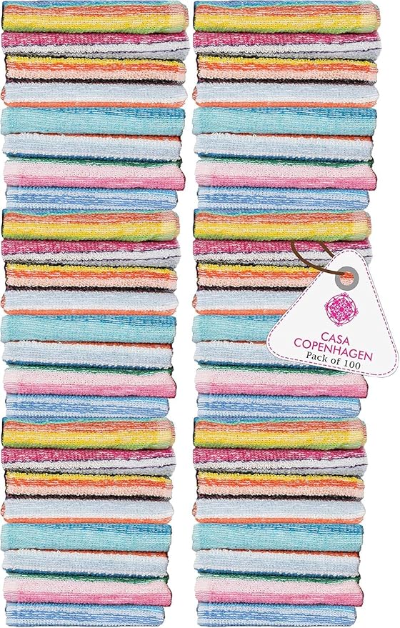 CASA COPENHAGEN Washcloth - 100Pcs, Stripes Multicolour 10"x10" 100% Cotton, Highly Absorbent & Durable Towels, Multipurpose Kitchen Towels & Bar Mops for Home, Bar, Restaurant, Cleaning & More