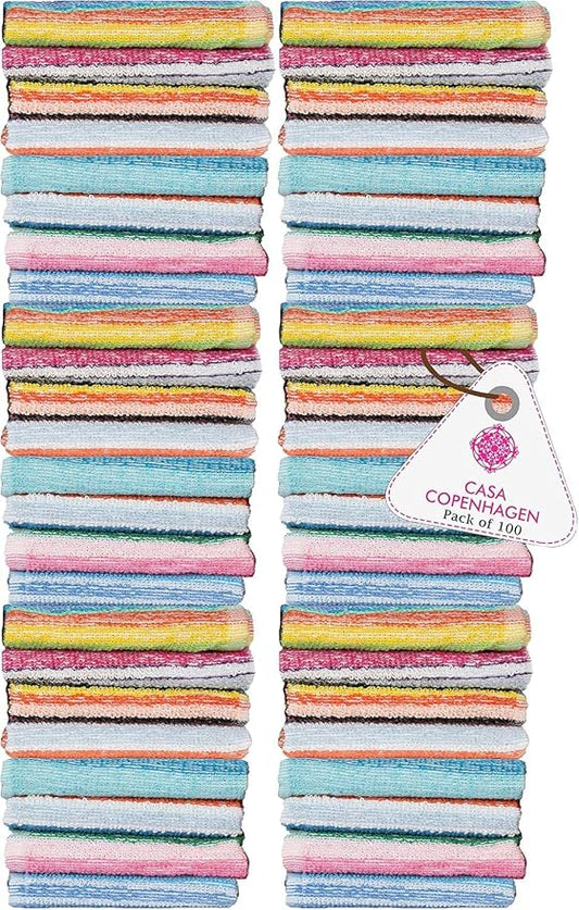 CASA COPENHAGEN Washcloth - 100Pcs, Stripes Multicolour 10"x10" 100% Cotton, Highly Absorbent & Durable Towels, Multipurpose Kitchen Towels & Bar Mops for Home, Bar, Restaurant, Cleaning & More