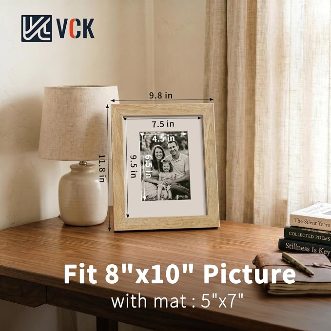 VCK 8x10 Picture Frames Natural - 3 Pack, Wide Border Solid Wood, Tempered Glass, Display 5x7 Photo with Mat or 8 x 10 Without, for Home, Office, Gallery, Woodgrain Series, Tabletop & Wall Hanging