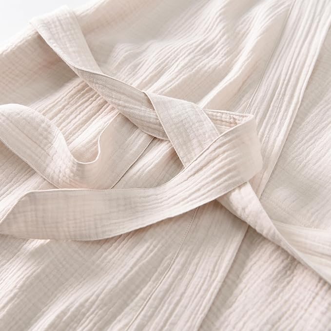 Women's Organic Cotton Bathrobe Long Sleeve Nightgowns Lightweight Waist-Tie Bath Robe for Home Spa Muslin Cotton Beach Wear