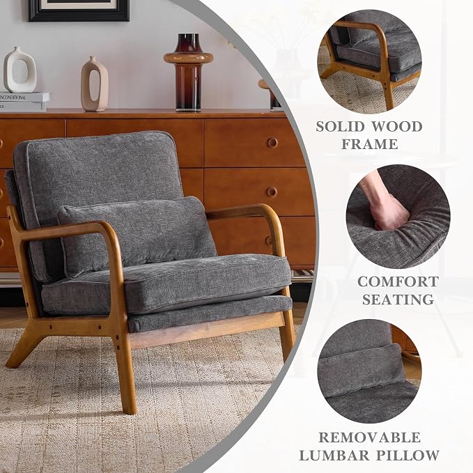 Karl home Mid-Century Modern Accent Reading Chair, Grey | Chenille Upholstered, Solid Wood Frame, Soft Cushion, Lumbar Pillow, Lounge Armchair for Living Room, Bedroom, Balcony, Study