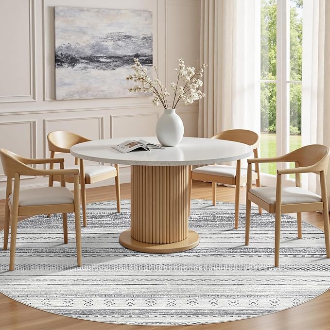 Tortania 8' Round Area Rug Living Room Rugs - Washable Large Soft Neutral Boho Moroccan Bohemian Farmhouse Rug Indoor Floor Carpet for Bedroom Under Dining Table Home Office Decor - Grey