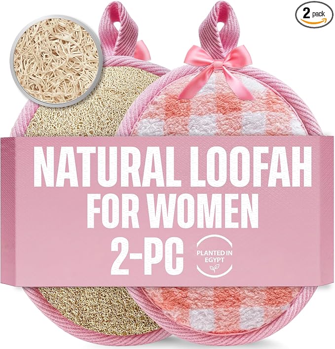 SERRENTO Loofah Women Body Scrub - Luffa Bath Pads, Pink & Beige, 2 Count