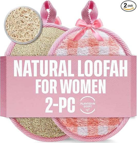 SERRENTO Loofah Women Body Scrub - Luffa Bath Pads, Pink & Beige, 2 Count