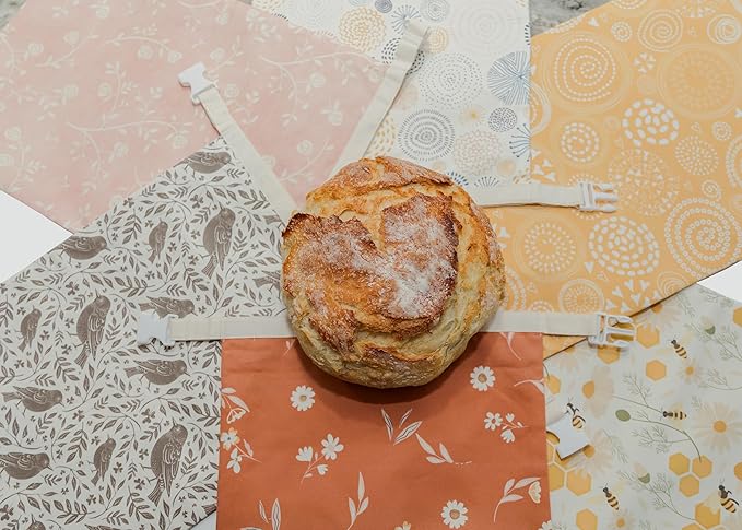 Reusable Beeswax Bread Bag 2 Pack –12x17 Bread Bag for Homemade Sourdough, Beeswax Coated Organic Cotton Storage Bag for Loaf Baguette, Freezer Safe, Eco-Friendly Wrap Honeybee