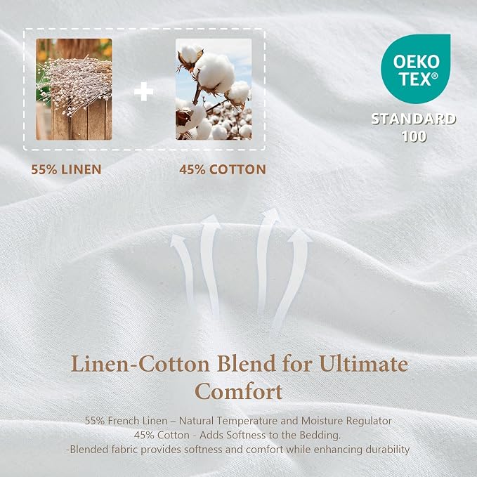 QKTE French Linen Duvet Cover Set, 3 PCS Natural French Flax White Duvet Cover King Size, Breathable Soft Comfy Linen Bedding Comforter Cover with 2 Pillowcases(White, 104" x 92")
