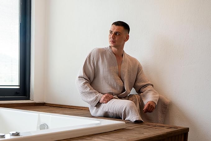 Muslin Unisex Bathrobe Women & Men, 100% Cotton Kimono Lightweight Robe | Long Robes Soft, Absorbent, Spa robes