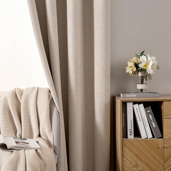 MIULEE Linen Textured Curtains for Bedroom Solid 100% Blackout Thermal Insulated Natural Beige Grommet Room Darkening Curtains & Drapes Luxury Decor for Living Room Nursery 52 x 64 Inch (2 Panels)