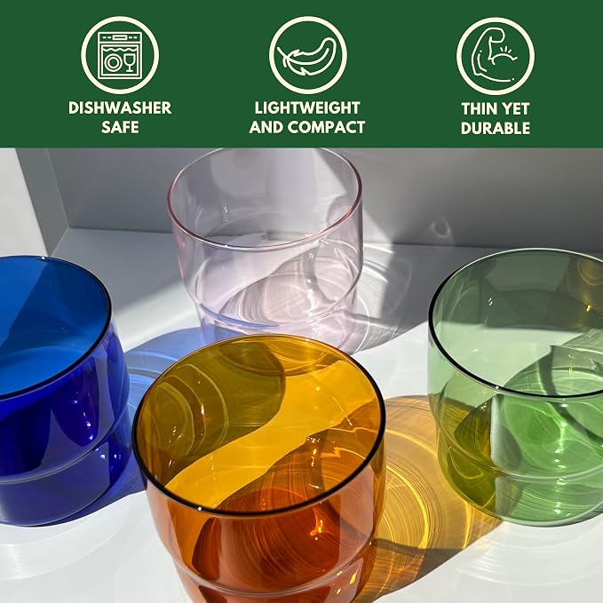 Set of 4 Colored Glass Cups (10oz) - Retro/Vintage Stackable Glassware - Juice, Coffee, Water, Cocktail Drinking Glasses/Cup/Tumbler (Green, Amber, Blue, Pink)