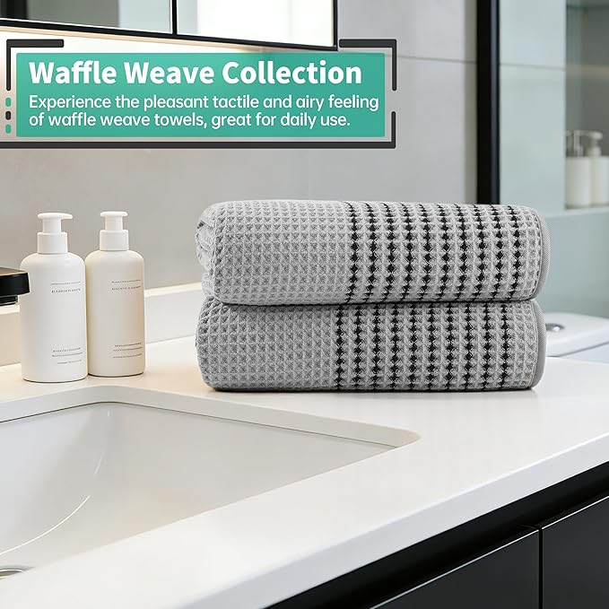 MICROFI New Microfiber Waffle Bath Towels, 2 Pieces, Soft, Absorbent, Fast Drying, Lint Free 430 GSM (Silver Striped)