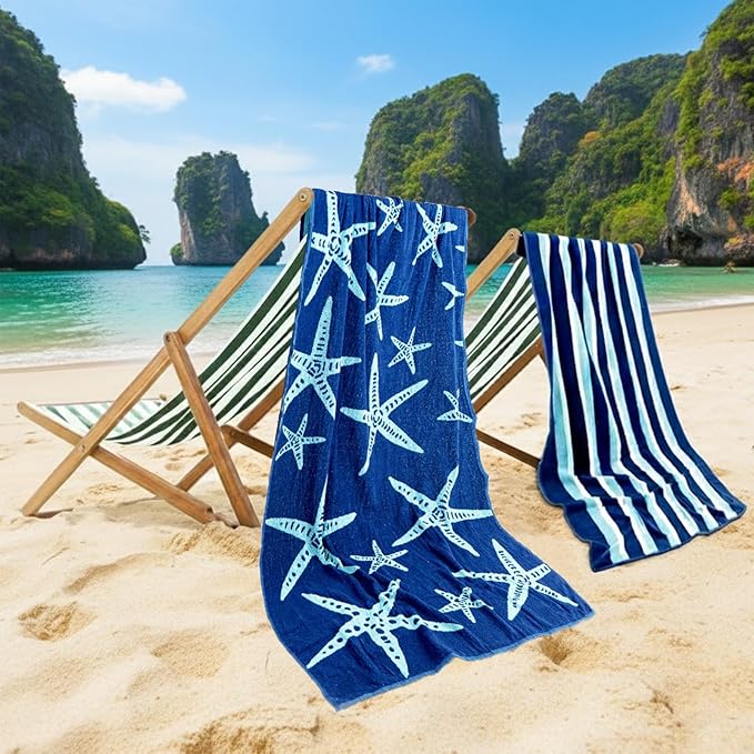 CASA COPENHAGEN Miami Bath Sheets 2Pcs 100% Egyptian Cotton Large Designer Towels Gift Set- Star Fish Navy + Turquoise Stripe, 70" x 35", 2 Pool Bath Sheet Set (Box Pack, Set for Women & Men)