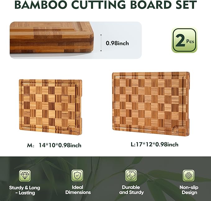 Extra Large Bamboo Cutting Boards, 2-Pack Heavy Duty Bamboo Cutting Boards Set with Juice Grooves & Non-Slip Feet –Checkered Extra Large Thick Wood Chopping Board for Meat, Fruits, Non-Toxic & Durable