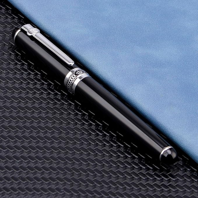 Lanxivi Duke D2 Fountain Pen Black Silver Trim Fine Nib with Additional Fude Nib (Bent Nib) and Converter Calligraphy Art Pen Set