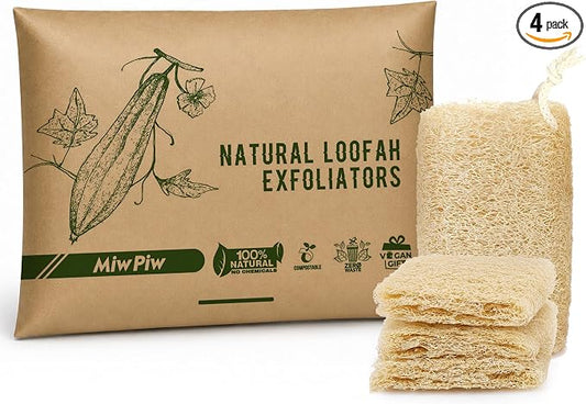 Natural Loofah Exfoliating Body Scrubber (Pack 4), Loofah Shower Sponge, Luffa for Exfoliating & Smooth Skin Cleansing, Women and Men, 100% Biodegradable Compostable, Dye Free