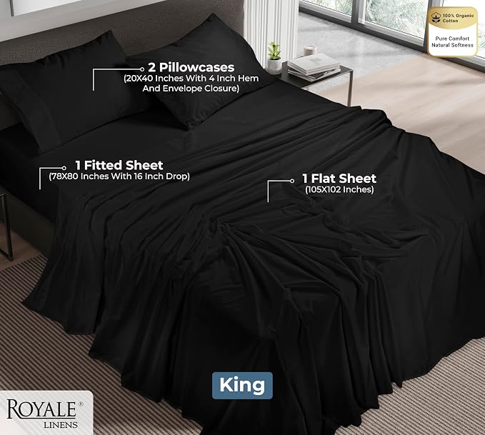 ROYALE LINENS 100% Organic Cotton King Sheet Set - Percale Weave - 4 Pieces Set - 1 Flat, 1 Deep Pocket Fitted Sheet and 2 Pillowcases - Black Bed Sheets - Sábanas King - Crisp Cool (Black)