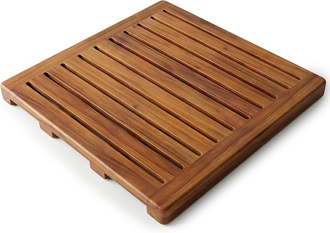 Acacia Wood Shower Mat 21x21 Inches by Demigo, Luxury Bath Mat Non Slip for Bathroom Bathtub Shower Spa Garden Home, Wooden Floor Mat Square Large for Outdoor and Indoor