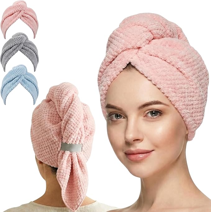 3 Pack Microfiber Hair Towel Wrap for Women 26 x 10 in | Hair Drying Towel with Button |Hair Turban Towel Quick Dry Coral Fleece Head Towels (Pink + Blue + Grey)