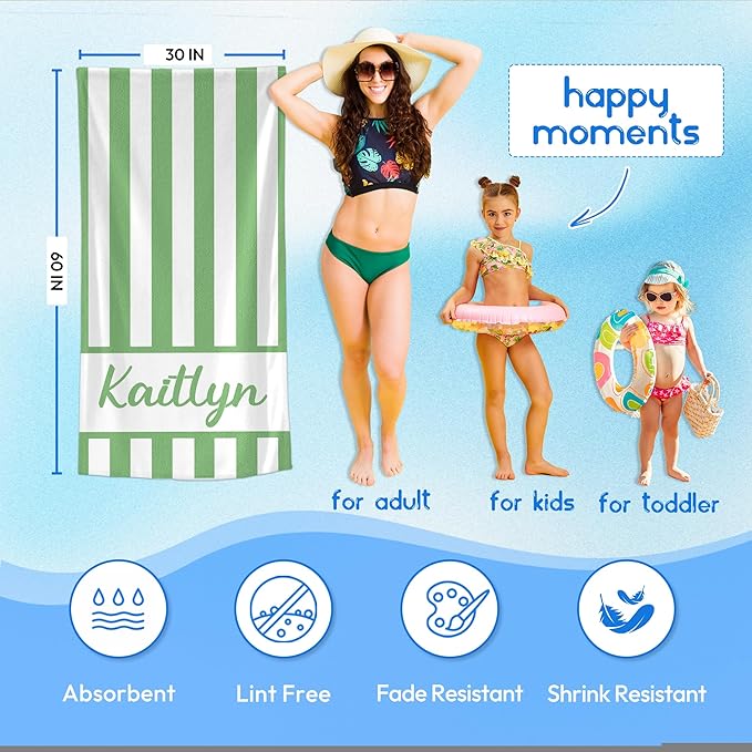 JML Personalized Beach Towel with Name, Custom Cabana Stripe Beach Towel, Customized Microfiber Pool Towel, Quick Dry & Absorbent Swim Towel for Adult,Anniversary, Birthday, Summer Holiday,Vacation