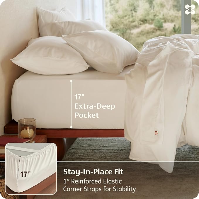 Bedsure 100% GOTS Certified Organic Cotton Sheets, Full Size Sheets, 16" Deep Pocket Bedsheets with Corner Straps, Eco-Friendly, Soft, Breathable & Luxury PureWoven Cotton Hotel Bedding, Ivory