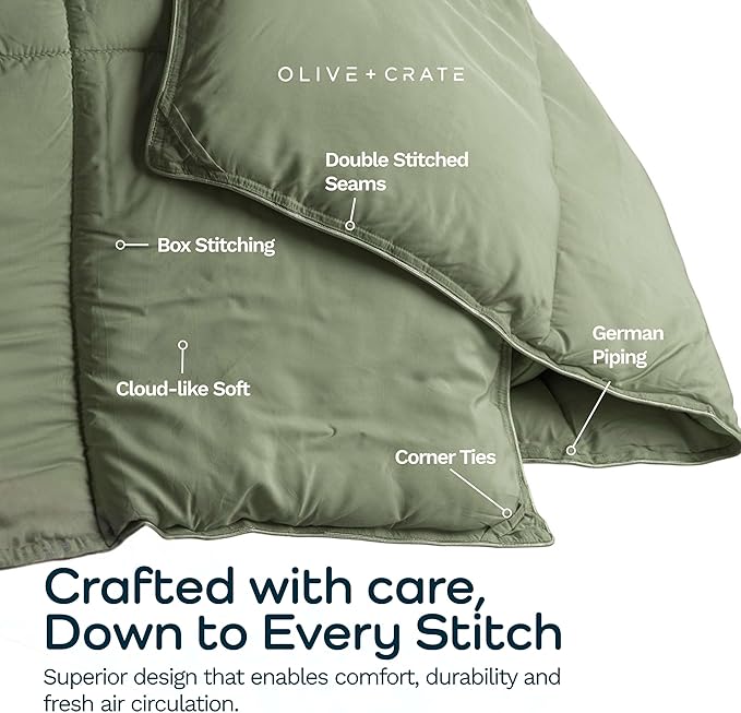 Olive + Crate Cooling Down Alternative Comforter - Hypoallergenic King Size Duvet Insert Lightweight - All Seasons Plush Design Bamboo Comforter - 100% Bamboo Viscose Outer Cover - Moss 102"x90"