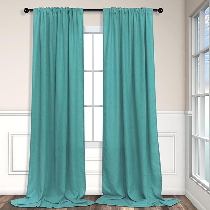 Pitalk Teal Linen Curtains 84 Inches Long 2 Panels Back Tab Rod Pocket Pleated Semi Sheer Light Filtering Modern Boho Curtains for Bedroom Living Room Dining Room Floor Length Peacock Blue Green Drape