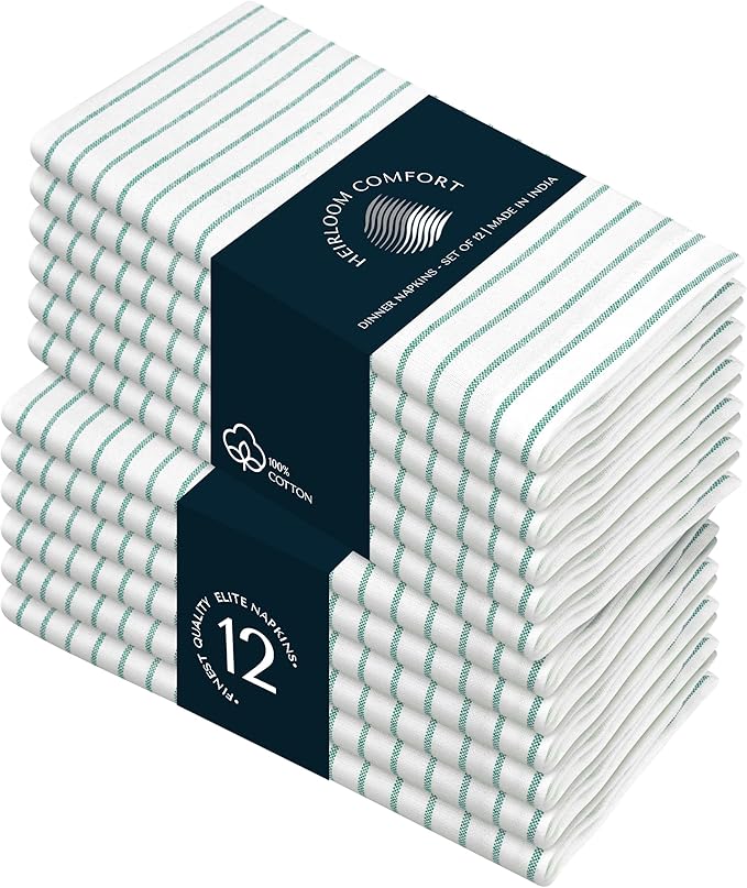Sea Green Stripe Dinner Napkins (Set of 12), 18x18 Inch, 100% Cotton, Machine Washable, Classic Striped Table Linen for Beach Lunches, Formal Events, Outdoor Dining & Everyday Use