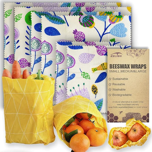 Beeswax Reusable Food Wraps - (6 Packs, 3 Sizes S,M,L, with 2 Meter Hemp Rope, Two Buttons) Plastic and Silicone Free, Eco-friendly Wrap, Wax Paper for Food,Flower