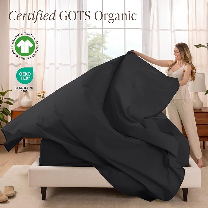 Bare Home 100% Organic Cotton Queen Sheet Set - Crisp Percale Weave - Lightweight & Breathable - Bedding Sheets & Pillowcases (Queen, Black)
