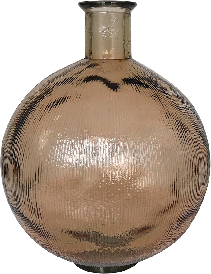 Deco 79 Recycled Glass Handmade Decorative Vase Spanish Bottle Neck Ribbed Centerpiece Vase, Flower Vase for Home Decoration 13" x 13" x 17", Brown