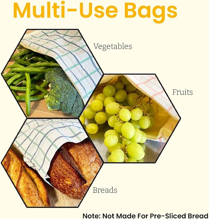 Keeki Reusable Beeswax Lined Bread Bag Bundle – 2-Pack Set Includes Standard Yellow Bag & Extra Long Blue Baguette Bag – Food Storage for Sourdough, Boules & Long Loaves