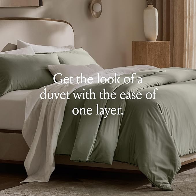 BOLL & BRANCH Signature Comforter Set - Full/Queen, Sageleaf - Duvet Insert and Cover in One Layer - Luxury Organic Cotton, Down Alternative, Hypoallergenic, All-Season - 1 Comforter and 2 Shams
