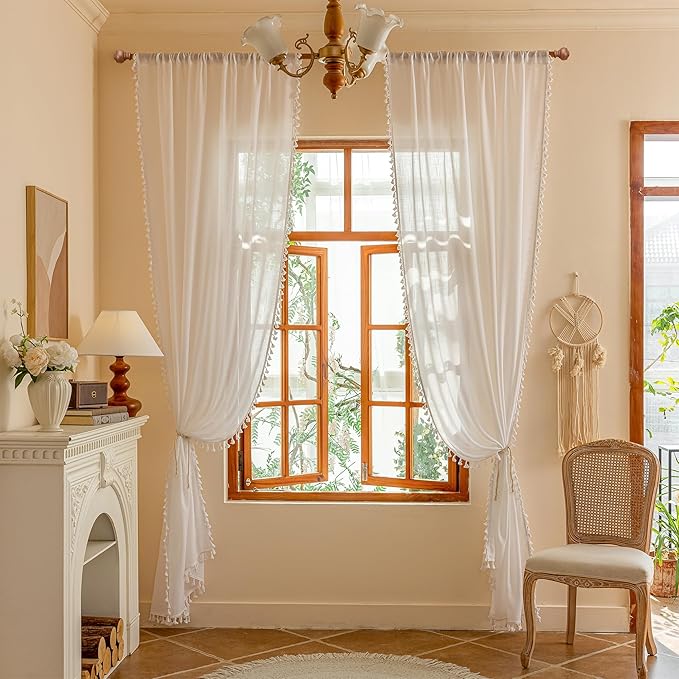 MYSKY HOME White 63 inch Length Semi Sheer Curtain for Short Window Light Filtering Privacy Protect Drapes Set, Back Tab Bohemian Farmhouse Home Decor,50" x 63", Pure White， 2 Pieces
