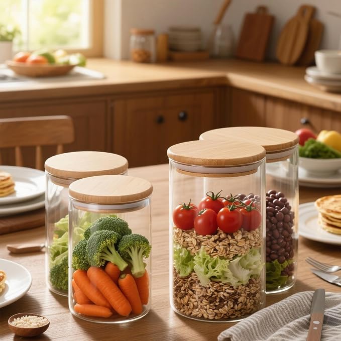12 Glass Canisters for Food Storage Glass Spice Jars Airtight Bamboo Lids | 36oz [Set of 6] and 17oz [Set of 6] Apothecary Jars, Pantry Organizers and Storage for Overnight Oats, Coffee, Candy, Flour