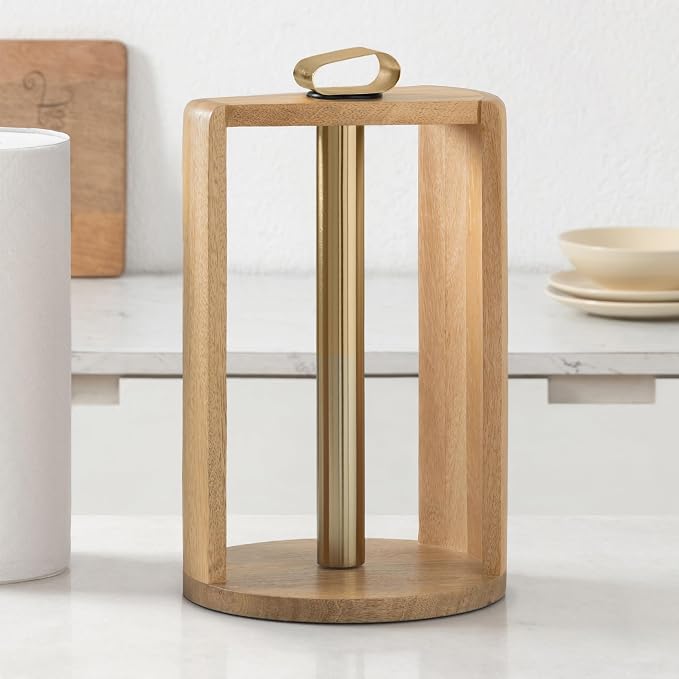 Anji Mountain Wooden Paper Towel Holder with Iron Holder, Holder Stand for Kitchen Roll Organizer & Kitchen Dining Table Home Décor, Countertop Fits Jumbo & Mega Rolls - Mango/Gold, Top Load