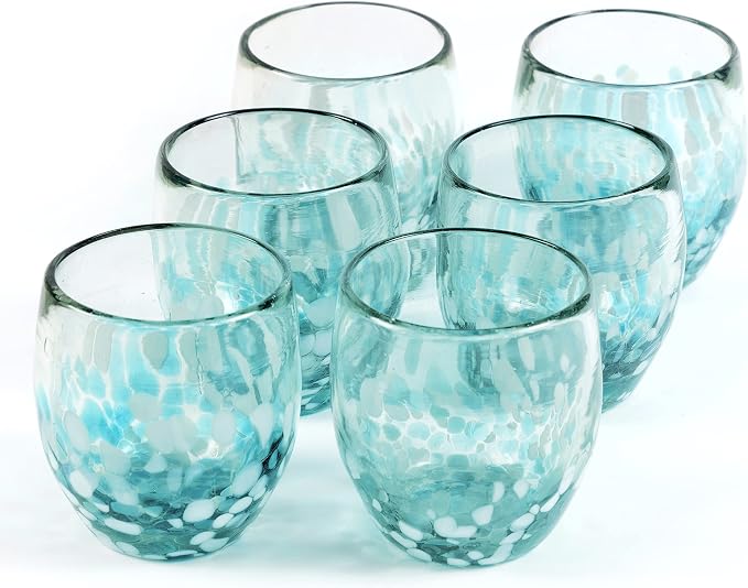 9 oz Hand Blown Mexican Drinking Glasses - Set of 6, 9 fl oz each, Ocean Blue Confetti