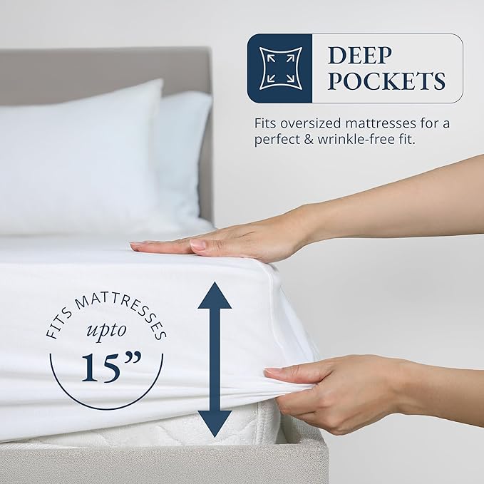 LANE LINEN 100% Organic Cotton Fitted Sheet Queen, 15" Deep Pocket Snug Fit Fully Elasticized Naturally Temperature Regulating Soft & Comfy Deep Pocket Queen - White (+Pillowcases)