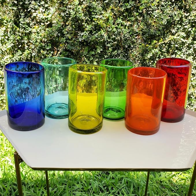 Rainbow Colored 14 oz Drinking Glasses (set of 6), Recycled Glass, Lead-free, Toxin-Free (14oz Drinking)