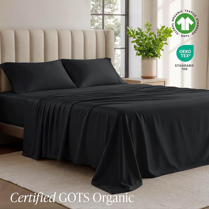 Bare Home 100% Organic Cotton Jersey Sheet Set, Ultra Soft, 100% Cotton - Sheet Set & Pillowcases - Deep Pocket Bed Sheets (Split King, Black)