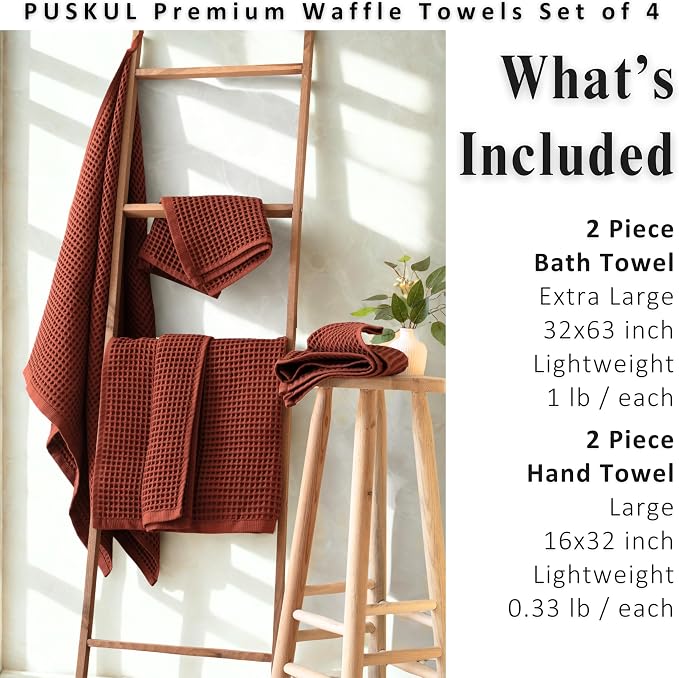 PÜSKÜL 4-Piece Natural 100% Turkish Cotton Luxury Waffle Towels for Bathroom | Premium Quality Honeycomb Weave 2 Hand Towel & 2 Bath Towel Set | Soft Absorbent Quick-Dry Lightweight Towels (Brick)