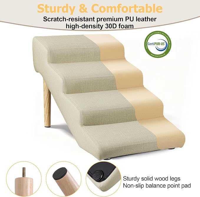4-Step 18" H Dog Stairs for Bed Couch, Waterproof & Scratch PU Leather Pet Steps for Small Senior Dogs and Cats, Dog Ramp with 220 lbs Maximum, Oak Leg & Solid Wood, Non-Slip Feet, Cream