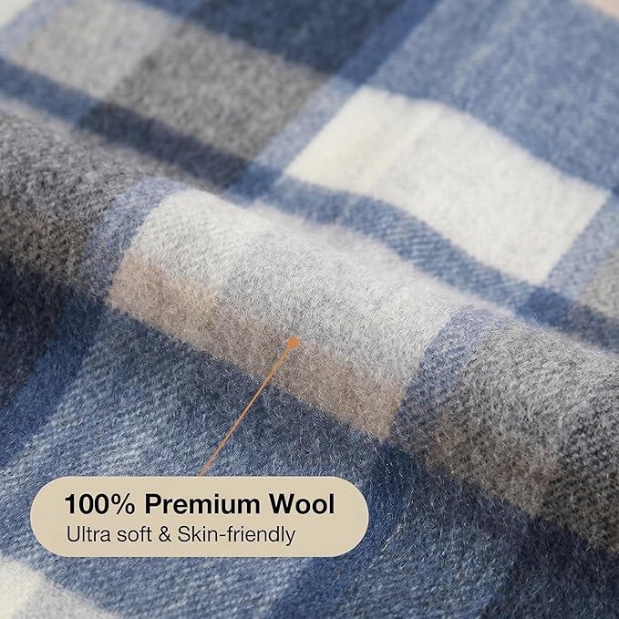 100% Wool Blanket Throw,Blue Plaid Wool Blanket with Compact Bag,Rustic Soft Lightweight Blanket for Couch,Sofa,Bed & Lounging Decoration, Warm Travel Blanket for Home, Airplane,Ideal Gifts 55"x83"