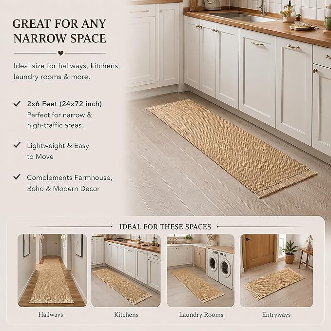 Chevron Weave with Fringes Woven Runner Rug 2x6 Feet - Beige, Boho Farmhouse Polyester Fibre Area Runners for Hallways, Kitchen, Living Room | Brown Reversible Corridor Space Large Floor Décor Mat