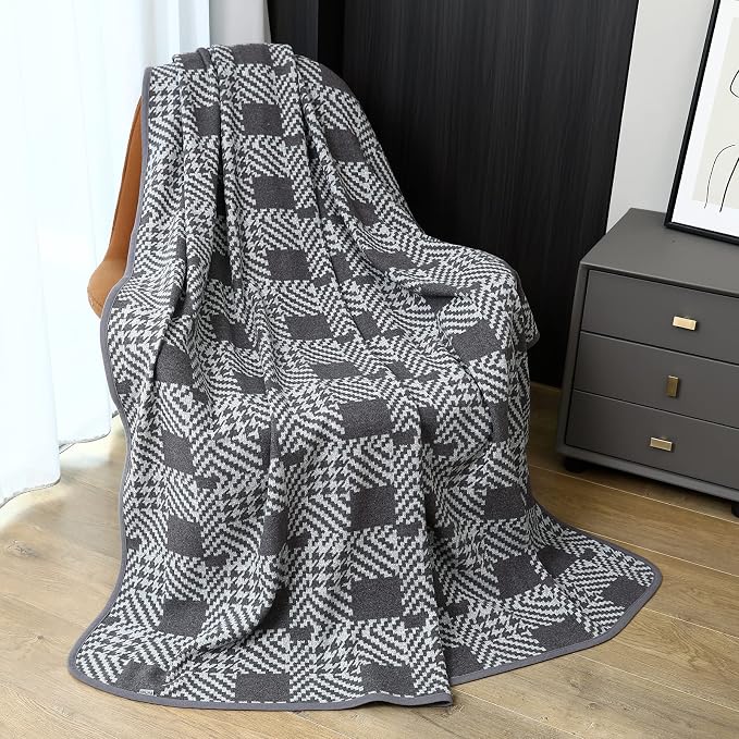 PuTian Merino Wool Blanket - 63" x 51" Thick Warm Soft Twin Bed Throw - Great for Camping, Outdoors, Travel, Car, Couch, All Seasons Houndstooth Grey
