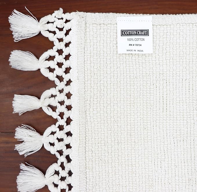 COTTON CRAFT Woven Area Rug - 2 Pack Cotton Jacquard Textured Rug - Boho Farmhouse Rustic Throw Rug with Fringe - Machine Washable Accent Mat for Bedroom Living Room Entryway Nursery - 20x32 - White