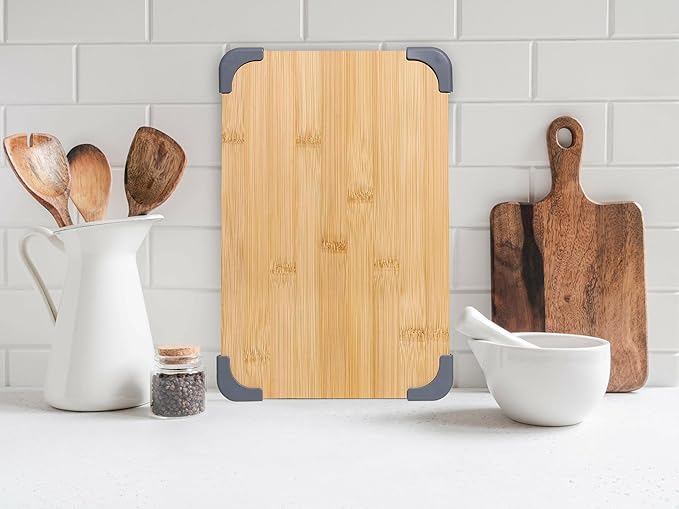 COOK WITH COLOR Non-Slip Cutting Board Set – Kitchen Essentials with Easy Grip Handle for Meat, Veggies, and Fruits, 3 Cutting Boards, Bamboo Non-Slip Grey