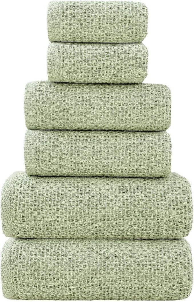 SK Studio 6 Piece Bath Towels Set, Cotton Hotel Large Waffle Bath Towels Absorbent Quick Dry with 2 Bath Towels, 2 Hand Towels, 2 Washcloths for Bathroom Spa, Green