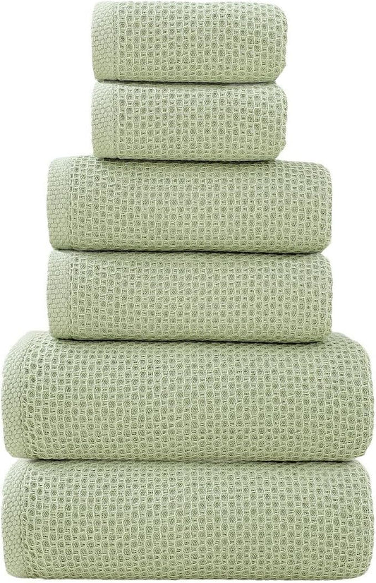 SK Studio 6 Piece Bath Towels Set, Cotton Hotel Large Waffle Bath Towels Absorbent Quick Dry with 2 Bath Towels, 2 Hand Towels, 2 Washcloths for Bathroom Spa, Green